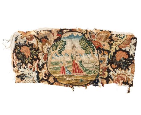 A mid 18th century gros et petit point embroidered panel 
Designed with a roundel of a young woman and her maid servant in a 
