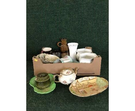 Four boxes of dinner plates, Winton planter, Doulton vase, West German vase etc 