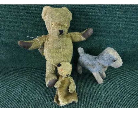 A mid 20th century mohair Teddy bear, soft toy dog and a Sooty puppet 