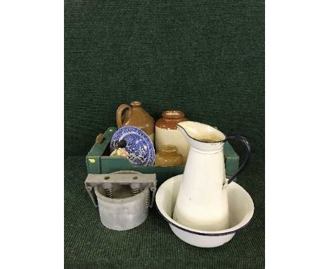 Two boxes of stone ware jars, blue and white ware, jug and basin, Sylvac caddy etc 