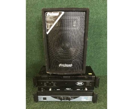 A Prosound speaker, a Prosound 200 Professional Power amplifier, a Waudio Power amplifier and a Mipu microphone receiver 