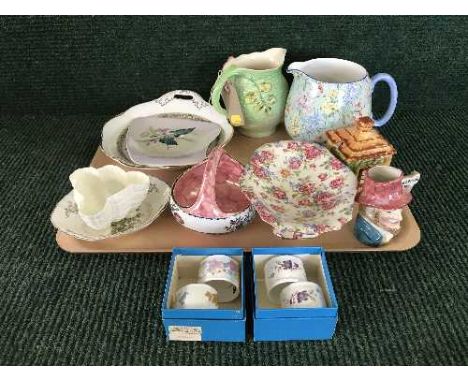 A tray of preserve pot, Maling basket, Shelley Melody jug, Royal Worcester shell dish, Shorter & Son dish etc 