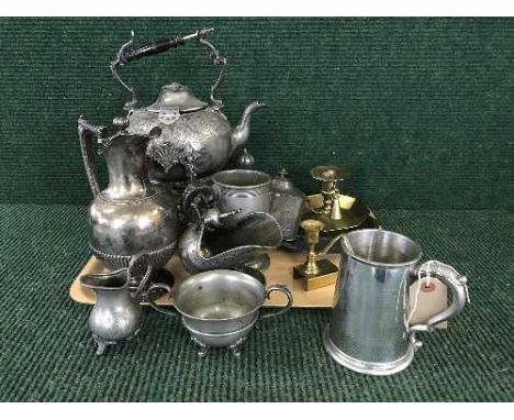 A tray of pewter spirit kettle, tankards, plated ware, candlestick etc 