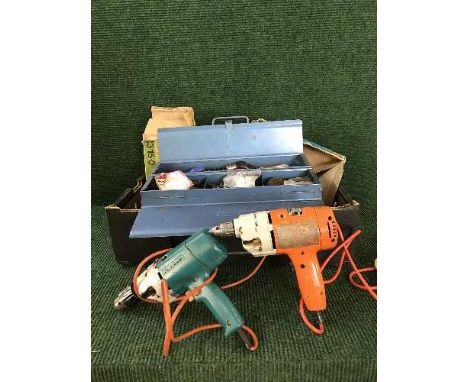 A box of Black & Decker drills, metal tool box, hand tools etc 