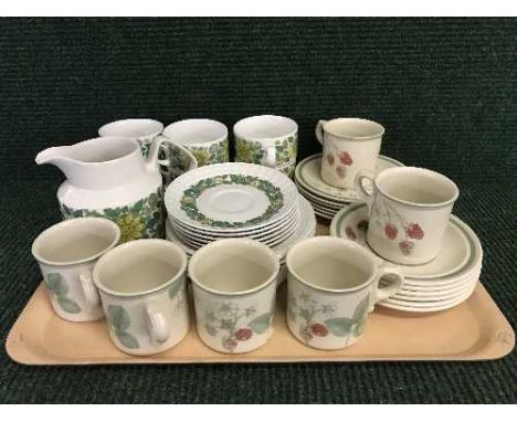 A tray of Wedgwood Raspberry cane cups and saucers and a Pontesa tea set 