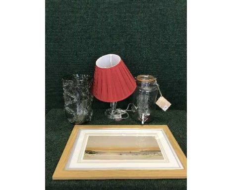 A box of glass vase, Kilner jar, table lamp and shade, seven assorted framed pictures 