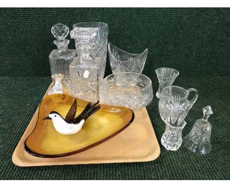 A tray of lead crystal decanters, vases, fruit bowl, Caithness vase and a studio glass bowl 