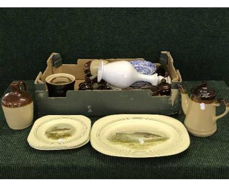 A box of pottery teapots, flaggons, storage jars, etc, mirror, etching, bowl etc 