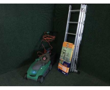 A Garden Line electric mower, Bosch strimmer, bird feeding stand and aluminium triple section extending ladder 