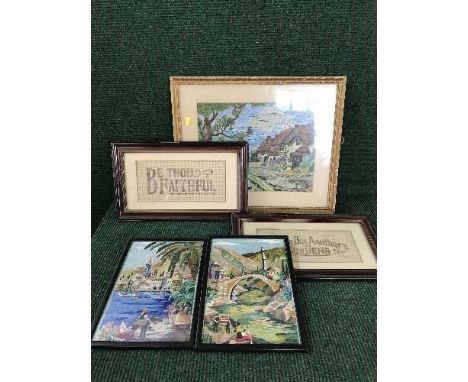 A box of seven 20th century framed needlework pictures - Home sweet home, etc and an etching (8)