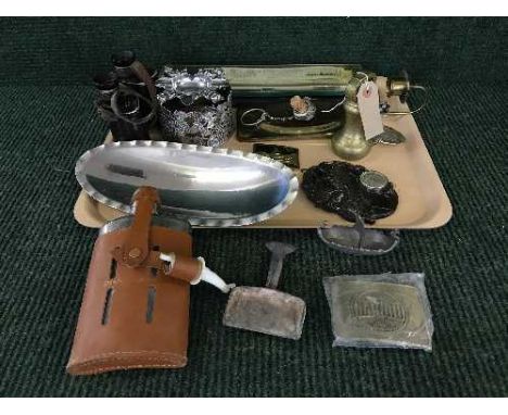 A tray of field glasses, hip flask, belt buckles, slide rules, brass weight etc 