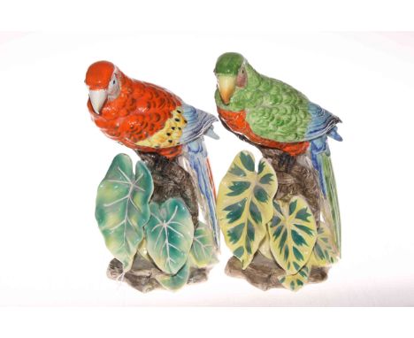 Two vintage decorative parakeets, 27cm high.