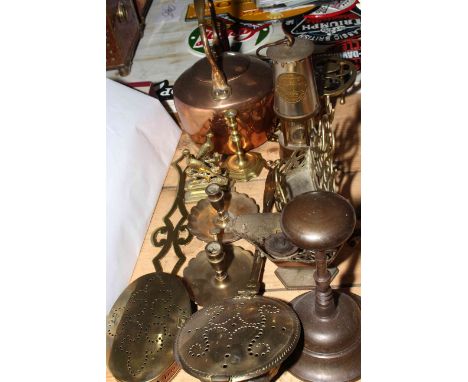 Protector miners lamp, copper kettle, trivet, letter holder, brass candle holders, etc.