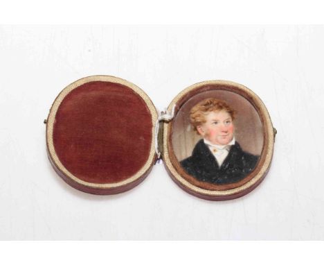 Oval portrait miniature in carrying case, 7cm by 5cm, together with small gilt framed portrait (2).