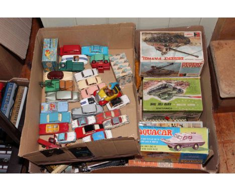 Tin plate Pullman railway carriage, box of Dinky, Corgi and other model vehicles, battery operated Aquacar, Desert Patrol, Ro