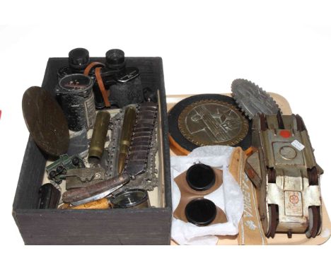 Tray lot of militaria including instruments, goggles, armband, plaques, death plaque, folding knives, Louis Marx &amp; Co mod