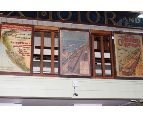 Three vintage Liverpool overhead railway posters mounted on board, 84cm x 55cm overall.