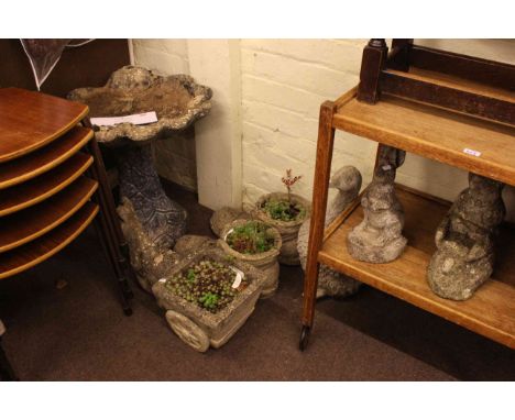 Weathered pedestal bird bath, pair boot planters, donkey and cart planter and three garden ornaments (7).