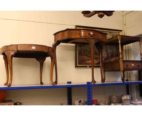 Burr walnut demi-lune hall table, burr walnut circular shaped top coffee table, mahogany lamp table and framed woodland oil (