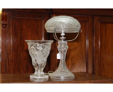 Crystal table lamp with shade, 44cm, and a decorative crystal vase, 27cm high.