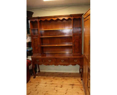 Good quality burr walnut period style shelf and cupboard back four drawer dresser on ball and claw legs, 207cm by 174cm by 50