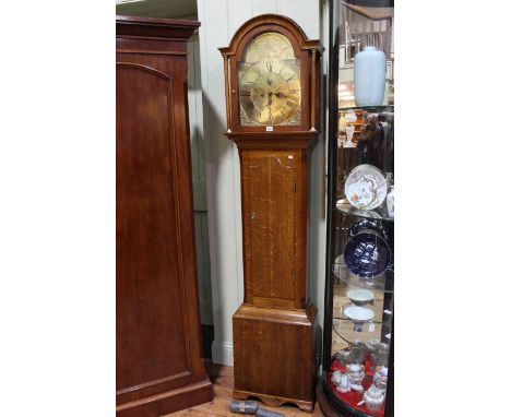 Antique oak 8-day longcase clock having arched brass dial, signed Joseph Gibson, Ecclefechan.