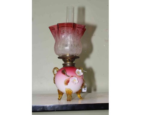 Victorian coloured glass oil lamp applied with flowers, 39cm to top of shade, converted to electric.