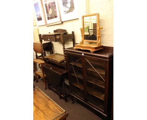 Early 20th Century two door oak bookcase, Victorian toilet mirror, oak stick stand, gateleg dining table, drop leaf coffee ta