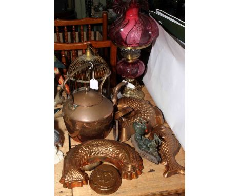Brass and ruby glass oil lamp, copper fish jelly moulds, bird cage, kettle, etc.