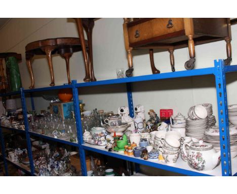 Full shelf of glass and china including Indian Tree table ware, glassware, teaware, cutlery, four Beswick hounds, metalwares,