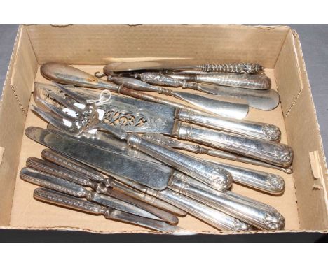 Pair Victorian silver fish servers, Sheffield 1859, together with silver handled knives, button hooks and shoe horns.