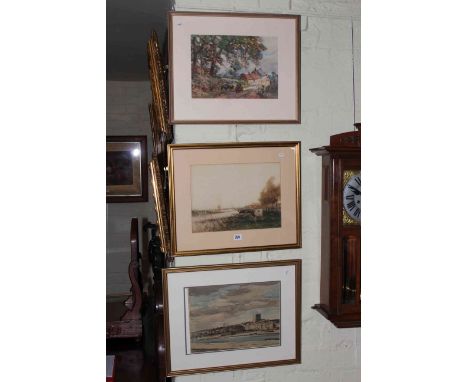 Rowland W. Hill, Ellerby, watercolour, J R Miller, Leyden, Dutch scene watercolour and George Graham coastal town, watercolou
