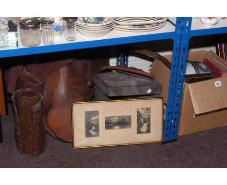 Leather saddle, boxed bowler hat, leather spats, Wedgwood blue Jasperware bowl, box camera, etc.