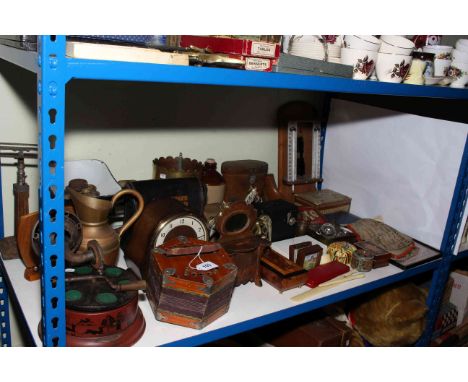 Accordion, Nirona wind up gramophone, mantel clocks, kitchen scales and weights, samplers, wood and metalwares, etc.