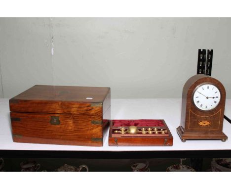 Mahogany and brass bound writing slope, Sikes Hydrometer in box and an Edwardian inlaid mahogany mantel clock (3).