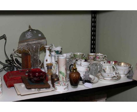 Cabinet cups and saucers including Coalport, velvet Cadbury's box, oak bookends, glassware, deco lamp, Royal Albert etc.