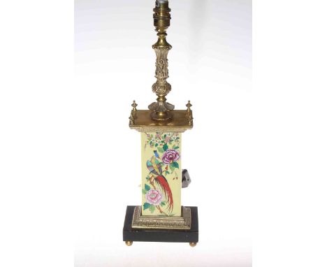 Chinoiserie porcelain and brass table lamp, 46cm high.