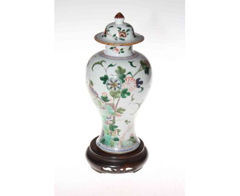 Antique Chinese Kangxi famille verte baluster jar and cover, with butterfly, bird and foliage decoration, two circle blue mar