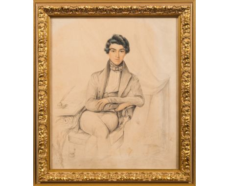 English School Circa 1830-
A portrait of a young man:-, three-quarter length seated in a study, with short wavy dark hair,
pe