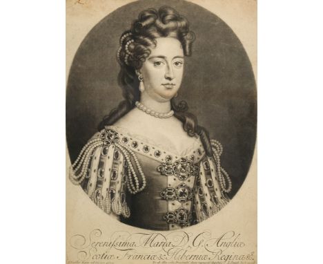 John Smith [1652-1742] after Sir Godfrey Kneller-
A portrait of Mary of Modena:-
mezzotint engraving, sight size 34 x 24.5cm,