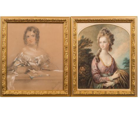 English School Circa 1850-
A portrait of a young lady:-, bust-length seated
with dark curling hair, blue eyes and reading a b