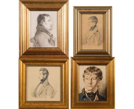 Robert Nightingale [1815-1895]-
A portrait of a boy, half-length standing, wearing a jacket with stiff collar and a black sto
