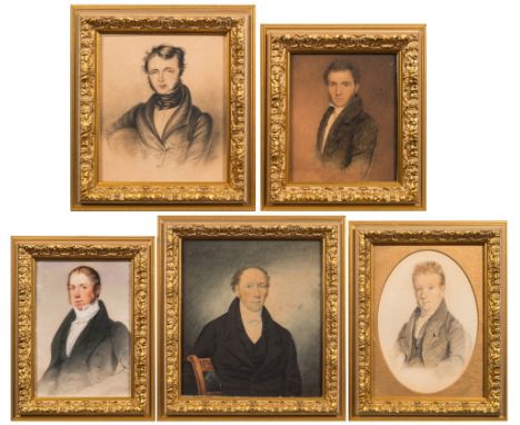 English School early 19th Century-
A portrait of a gentleman:- half-length standing,
with short fair hair brushed forward and