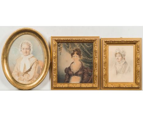 English School early 19th Century-
A portrait of a lady, half-length seated in an interior:- with brown ringlets and curls ti