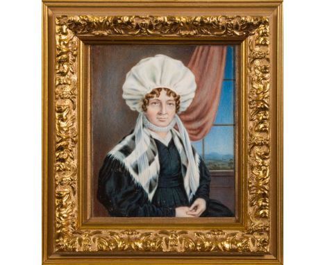 English School early 19th Century-
A miniature portrait of a lady, said to be Francis Clegg:-,
half-length seated in an inter