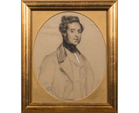 L Gratia [mid 19th Century]-
A portrait of a young man:- with dark wavy hair and long sideburns
wearing a long coat and black