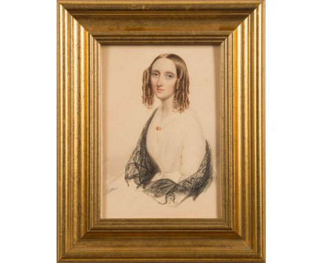 Rossi [early 19th Century]-
A portrait of a young lady:-, half-length seated
with long brown ringlets and blue eyes, wearing 