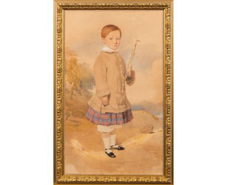 Thomas Fairbairn [1820-1884]-
A portrait of a Scottish boy with toy boat, full-length standing wearing a tartan kilt, view to
