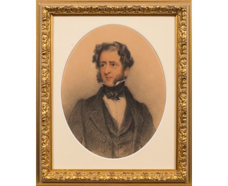 Attributed to George Richmond [1809-1896]-
A portrait of a gentleman:-
bust-length, with dark wavy hair and wearing a black j