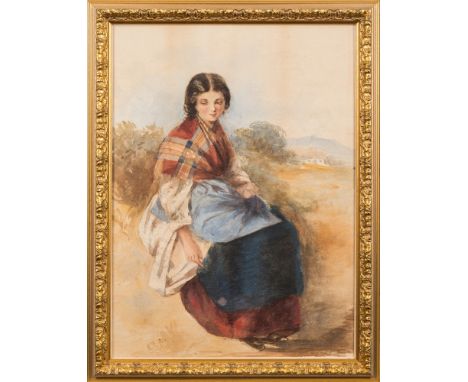 Attributed to Lucy Katherine Fielding [19th Century]-
A portrait of a young woman in a landscape:-, full-length seated, weari